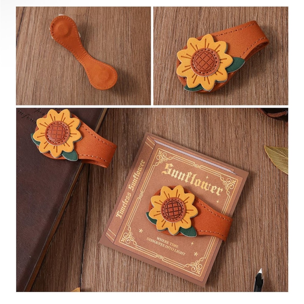 Magnetic Leather Bookmarks Vintage Style Set of 2 SunflowerPine Leaf Latte Rose - Picture 4 of 5